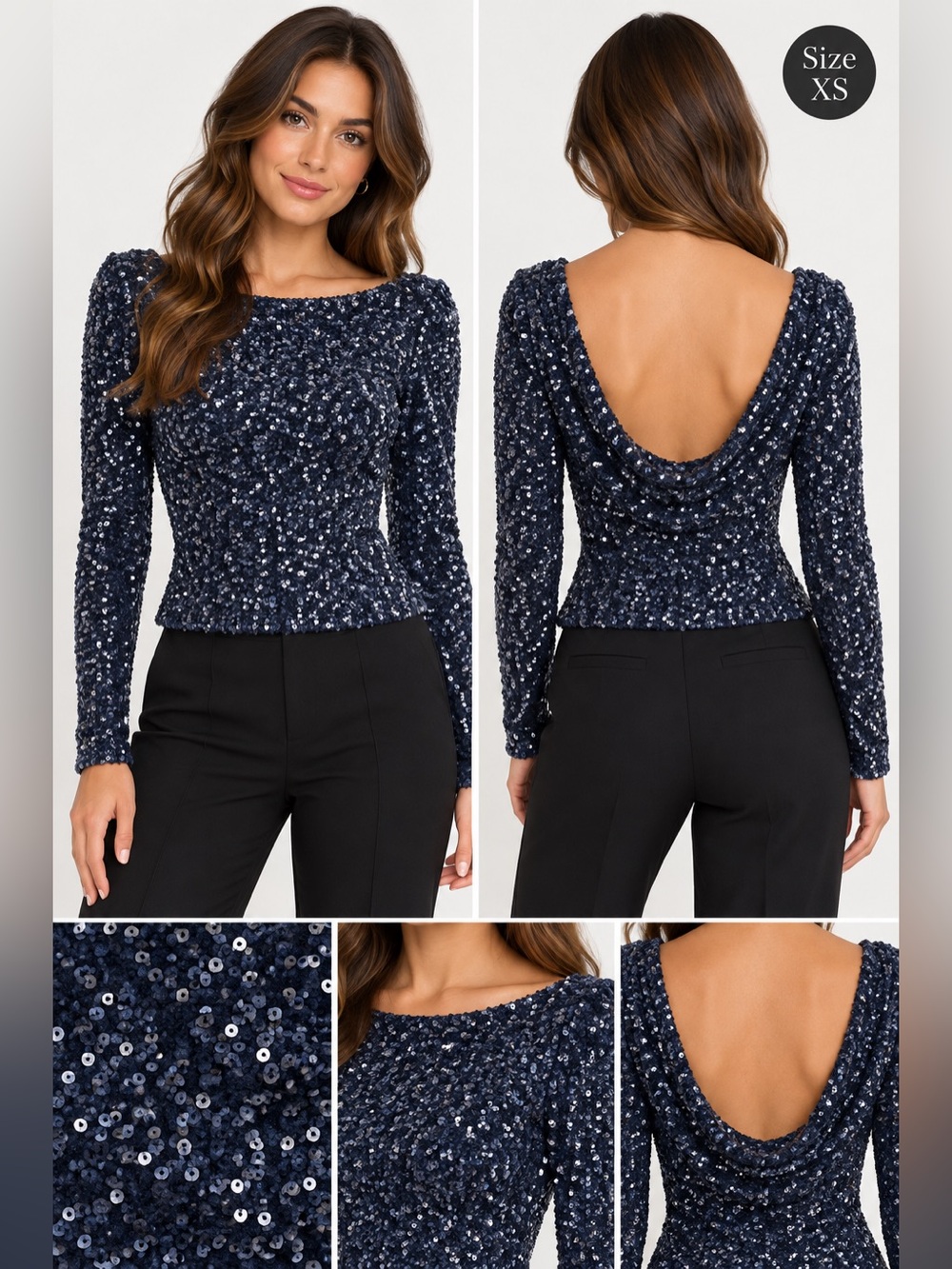 Vintage Indigo Sparkle Navy Sequin Long-Sleeve Women's Top